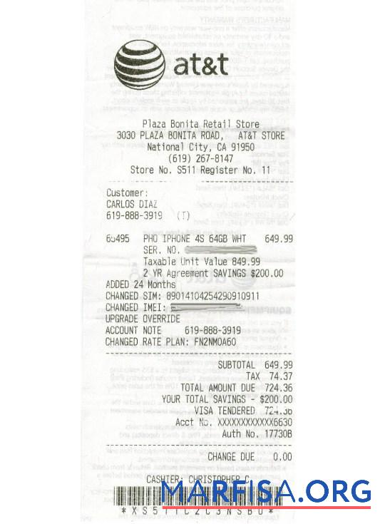 Realistic At&t telecommunications company receipt sample